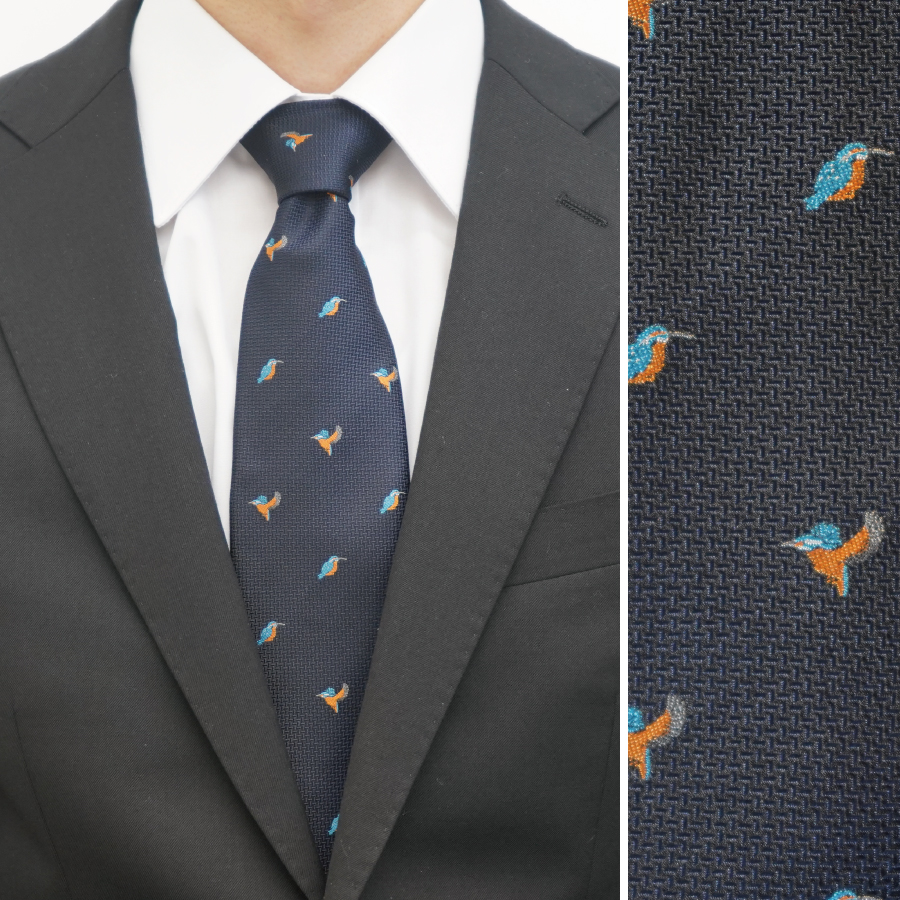 カシワギオリジナル　鳥のネクタイ「カワセミ・フクロウ」カワセミ　ネイビー