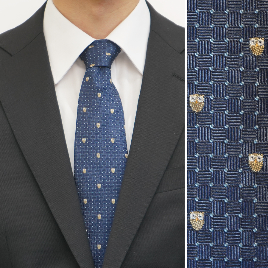 カシワギオリジナル　鳥のネクタイ「カワセミ・フクロウ」フクロウ　ネイビー