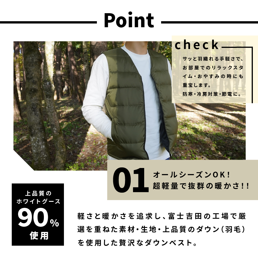 高品質 ダウンベスト（薄手）880フィルパワー メンズ 日本製 Mind 羽毛 Mサイズ レッド レッド Mサイズ