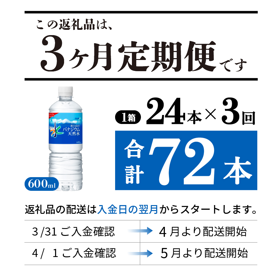 【3か月お届け】「アサヒおいしい水」富士山のバナジウム天然水 1箱(24本入）PET600ml