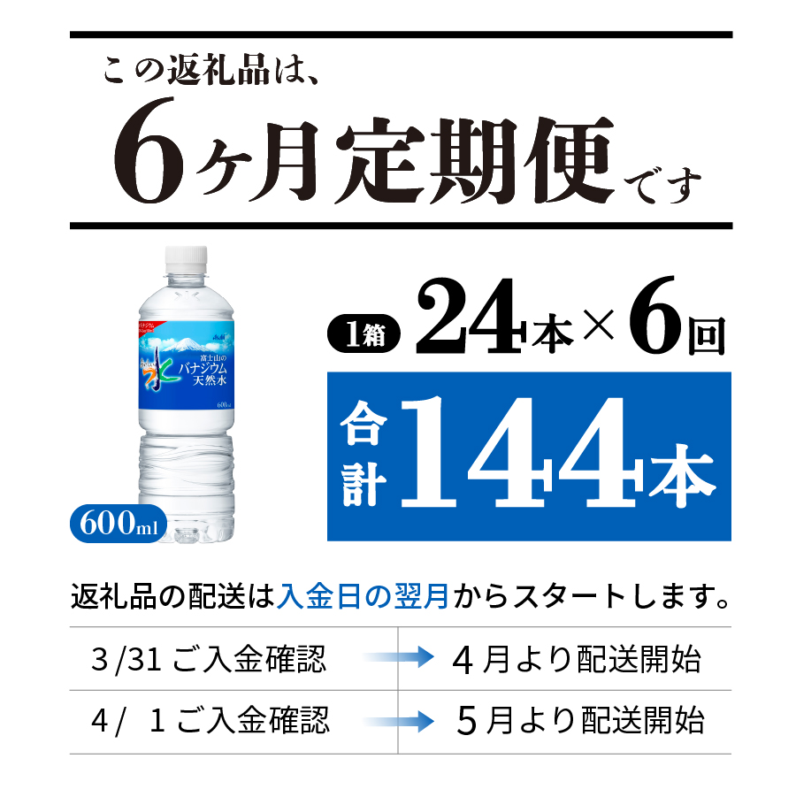 【6か月お届け】「アサヒおいしい水」富士山のバナジウム天然水 1箱(24本入）PET600ml