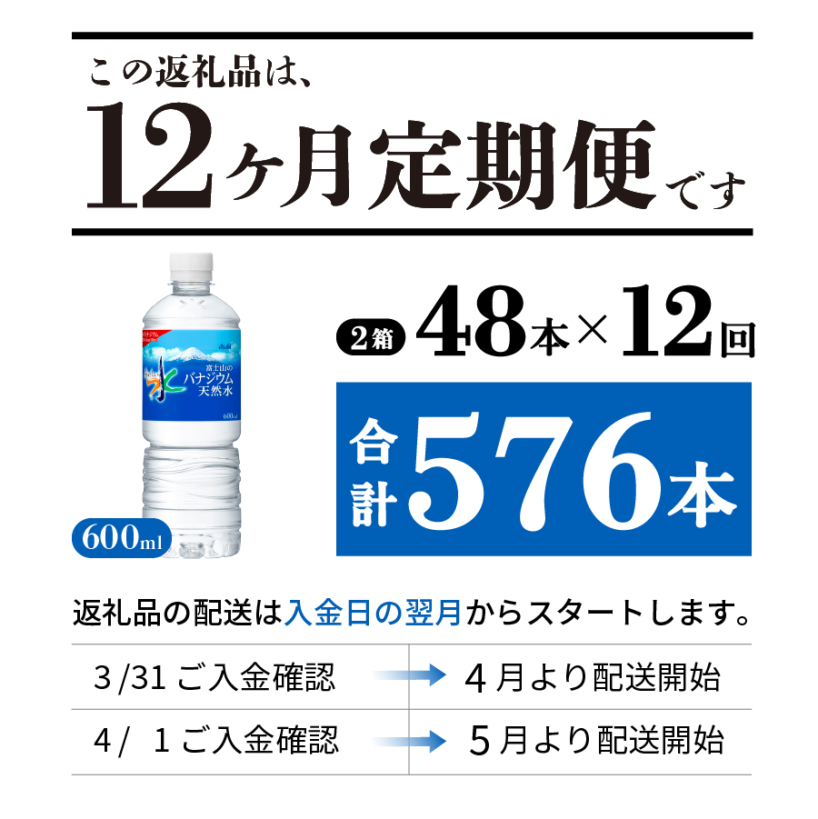 【12か月お届け】 「アサヒおいしい水」富士山のバナジウム天然水 2箱(48本入）PET600ml
