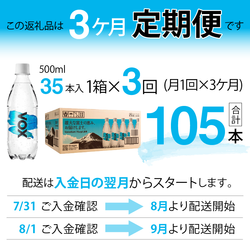 【3か月定期便】VOX バナジウム 強炭酸水 500ml 35本 【富士吉田市限定カートン】 ストレート ３ヶ月