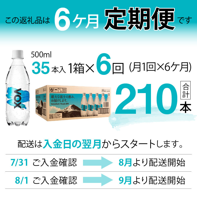 【6か月定期便】VOX バナジウム 強炭酸水 500ml 35本 【富士吉田市限定カートン】 ストレート ６ヶ月