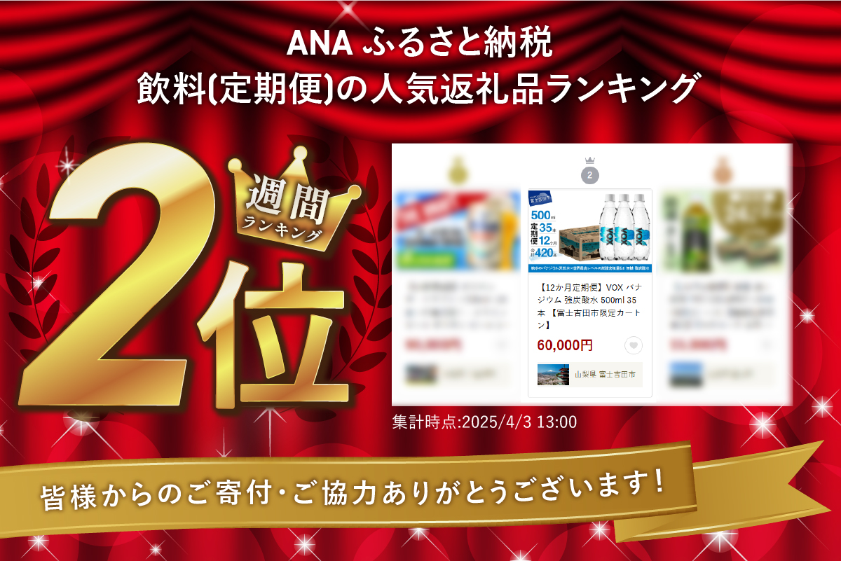 【12か月定期便】VOX バナジウム 強炭酸水 500ml 35本 【富士吉田市限定カートン】 ストレート 12ヶ月