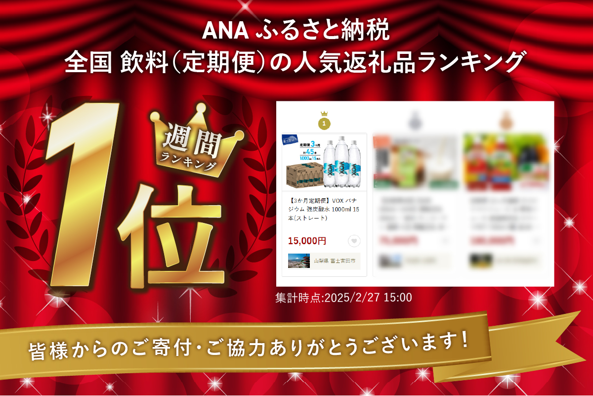 【3か月定期便】VOX バナジウム 強炭酸水 1000ml 15本(ストレート)