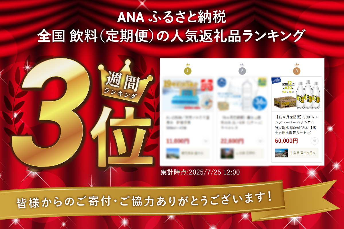 【12か月定期便】VOX レモンフレーバー バナジウム 強炭酸水 500ml 35本 【富士吉田市限定カートン】 レモン 12ヶ月