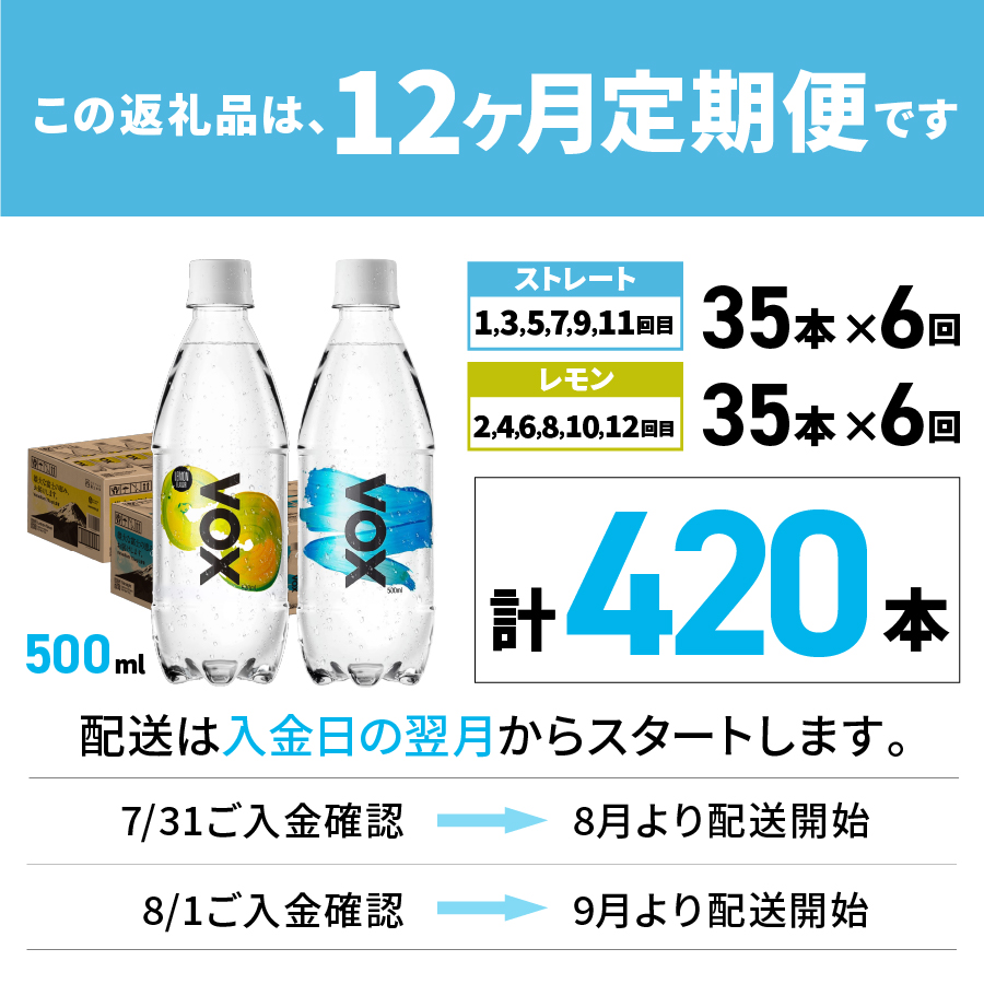【12か月ミックス定期便】VOX バナジウム 強炭酸水 500ml 35本(ストレート＆レモン)