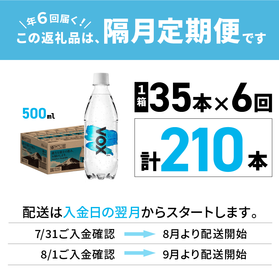 【年6回・隔月定期便】VOX バナジウム 強炭酸水 500ml 35本 【富士吉田市限定カートン】 ストレート 隔月６回定期