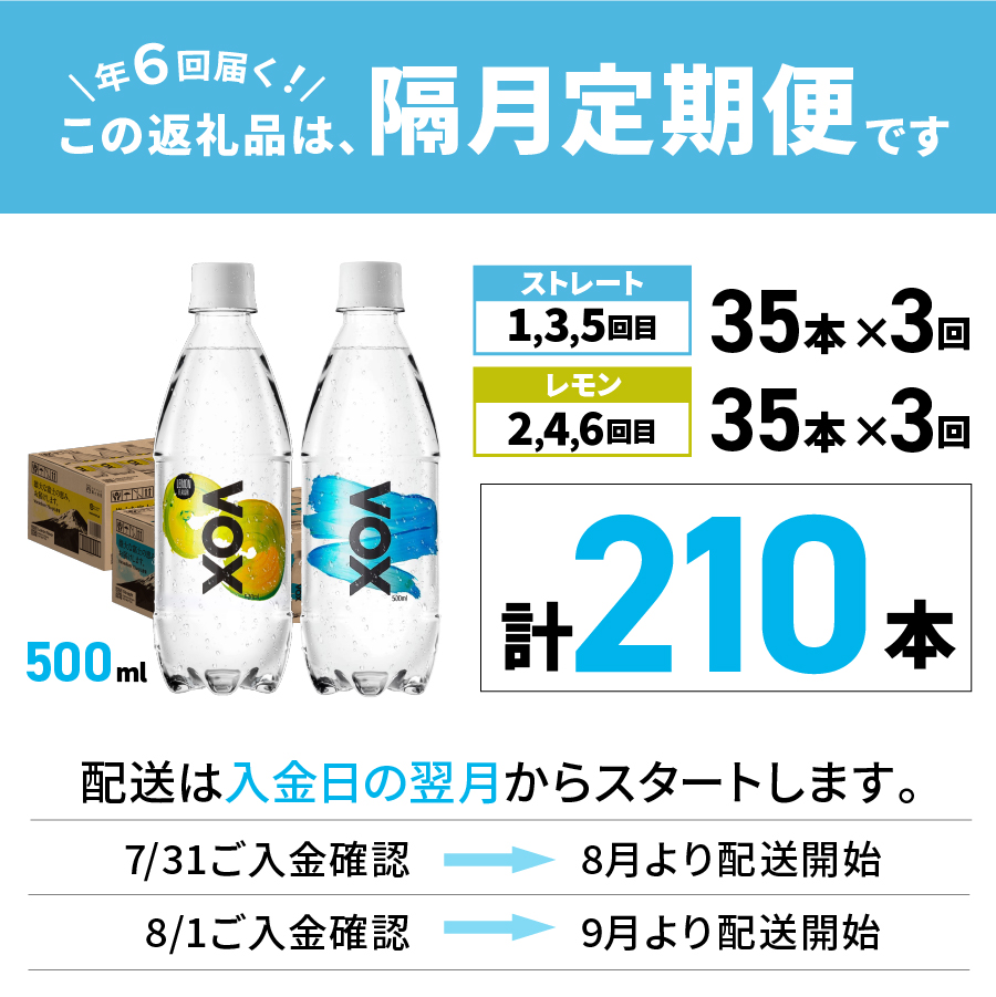 【年6回・隔月定期便】VOX バナジウム 強炭酸水 500ml 35本(ストレート＆レモン)【富士吉田市限定カートン】