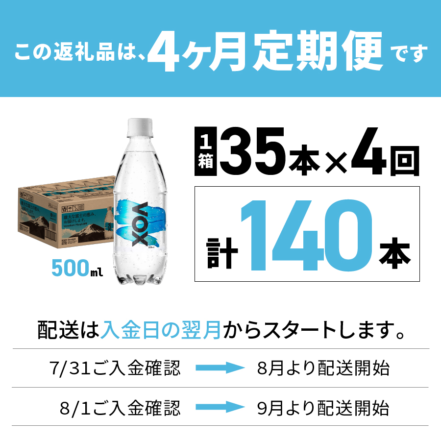 【4か月定期便】VOX バナジウム 強炭酸水 500ml 35本 【富士吉田市限定カートン】