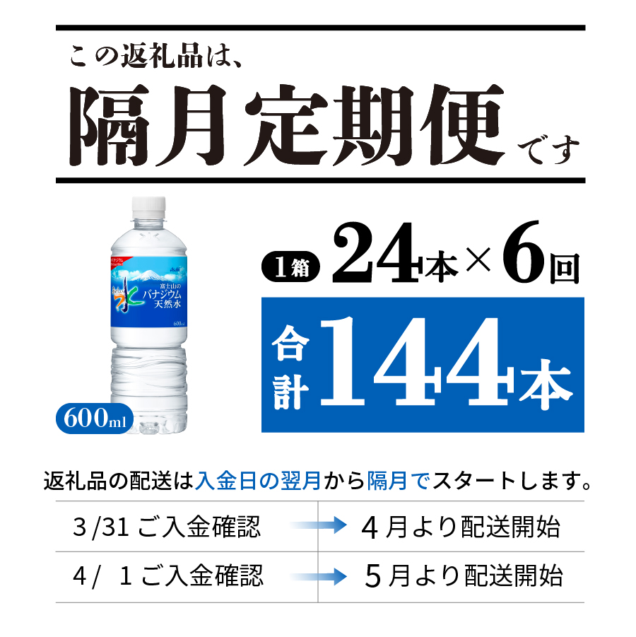 【年6回・隔月お届け！】「アサヒおいしい水」富士山のバナジウム天然水 1箱(24本入）PET600ml