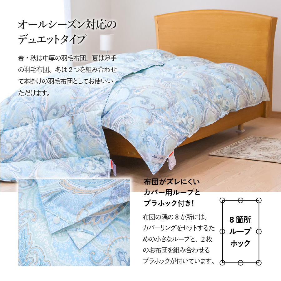 薄手+中厚の2枚合わせ羽毛布団【全季節対応＆全空調温度対応】藍白色【ダニ忌避率84％】