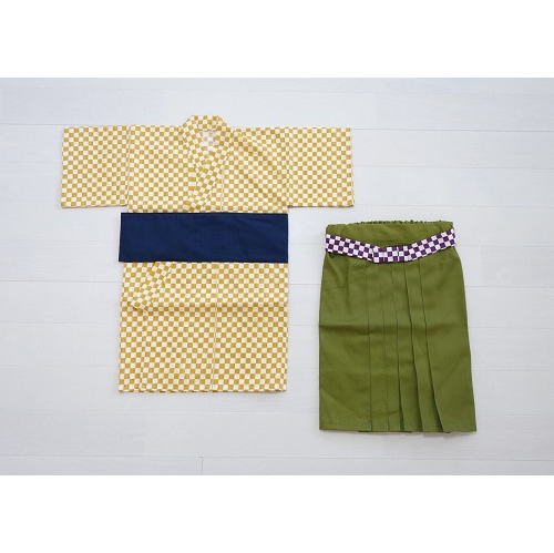 ファースト着物と袴のセット 男の子用（市松文様/辛子色）