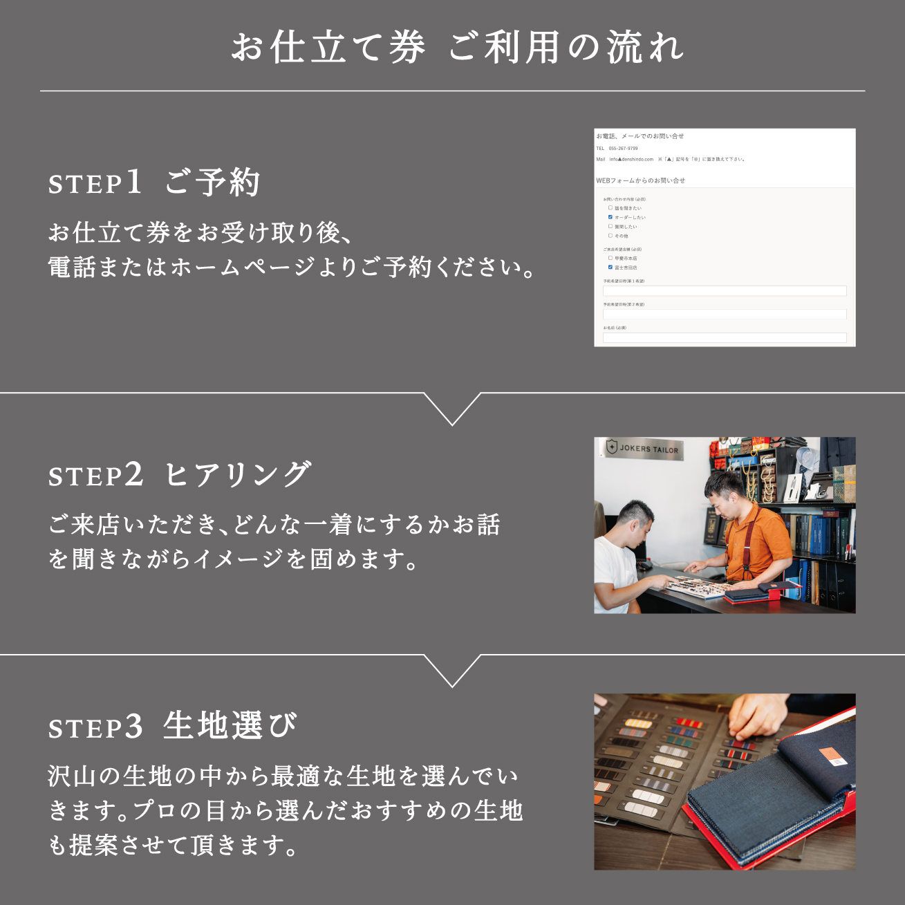 郡内織物使用オーダースーツお仕立券（最高級グレード3P　スペアパンツ・仮縫い付）