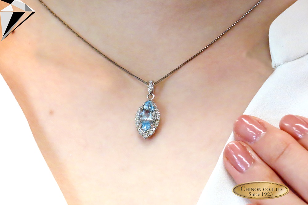 PT　マーキースアクアマリン/ダイヤモンドペンダント　MJ-1103　【ジュエリー】