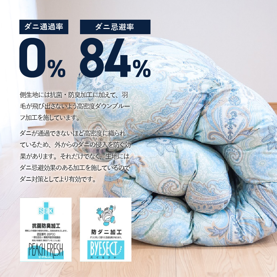 ちょうどいい中厚タイプの羽毛布団　藍白色【ダニ忌避率84％】