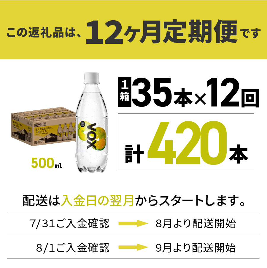【12か月定期便】VOX レモンフレーバー バナジウム 強炭酸水 500ml 35本 【富士吉田市限定カートン】 レモン 12ヶ月