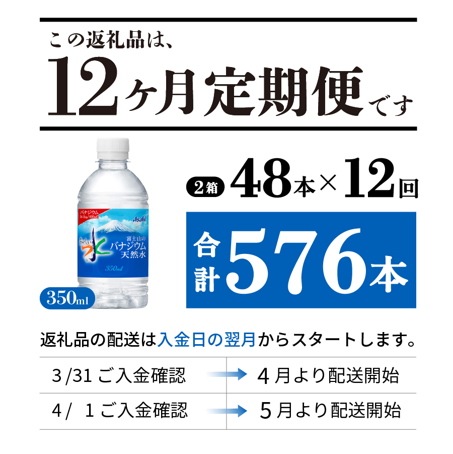 【12か月お届け】富士山のバナジウム天然水 PET350ml×2箱(48本入り)