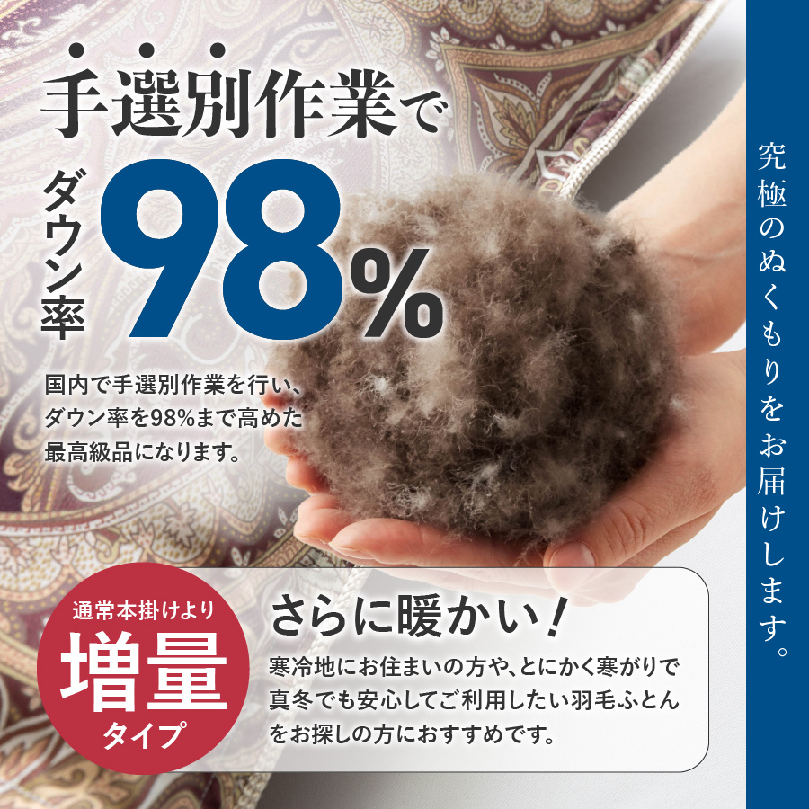 【甲州羽毛ふとん】増量本掛けシルクプリント手選別アイダーダウン（キング） ブルー系