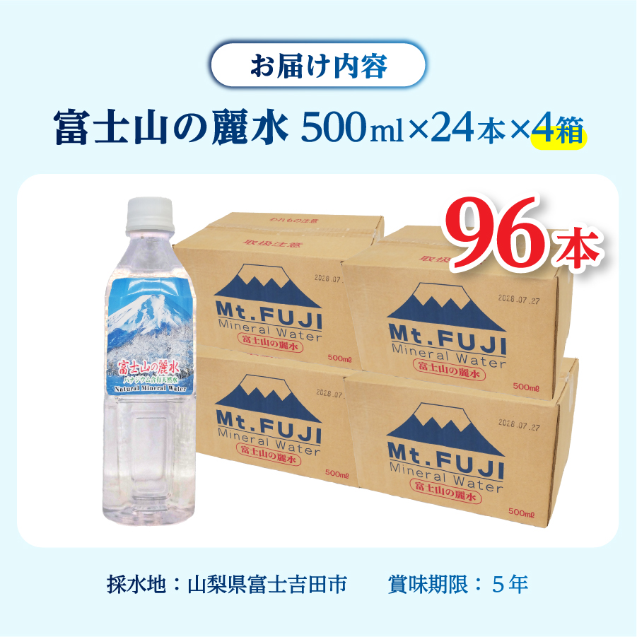 富士山の麗水　500ml　96本　【 防災 備蓄 ストック 保存 ５年 非常用 】