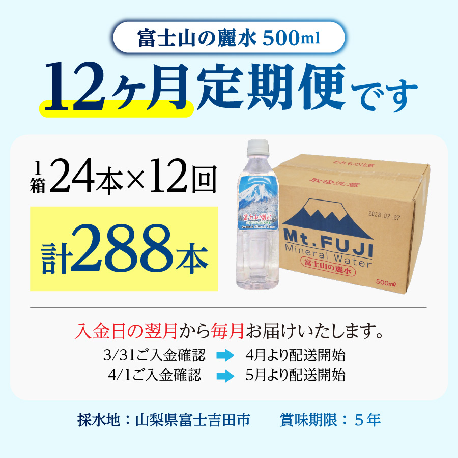 【12か月お届け】富士山の麗水 500ｍl 24本