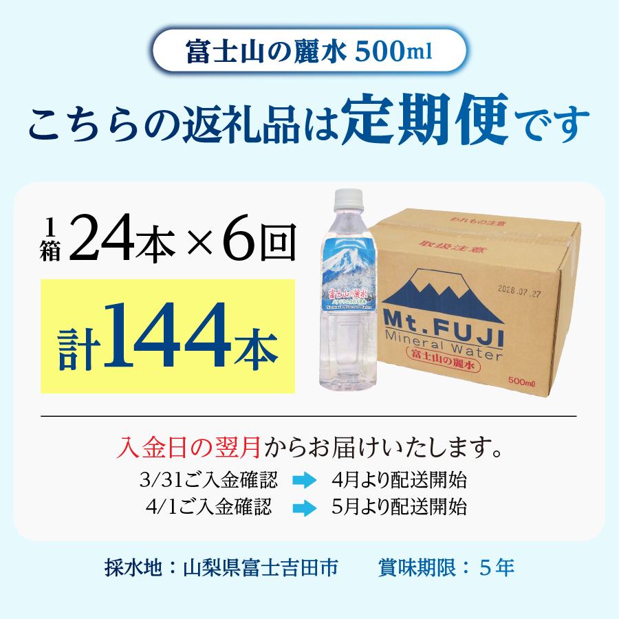 【6か月お届け】富士山の麗水 500ｍl 24本