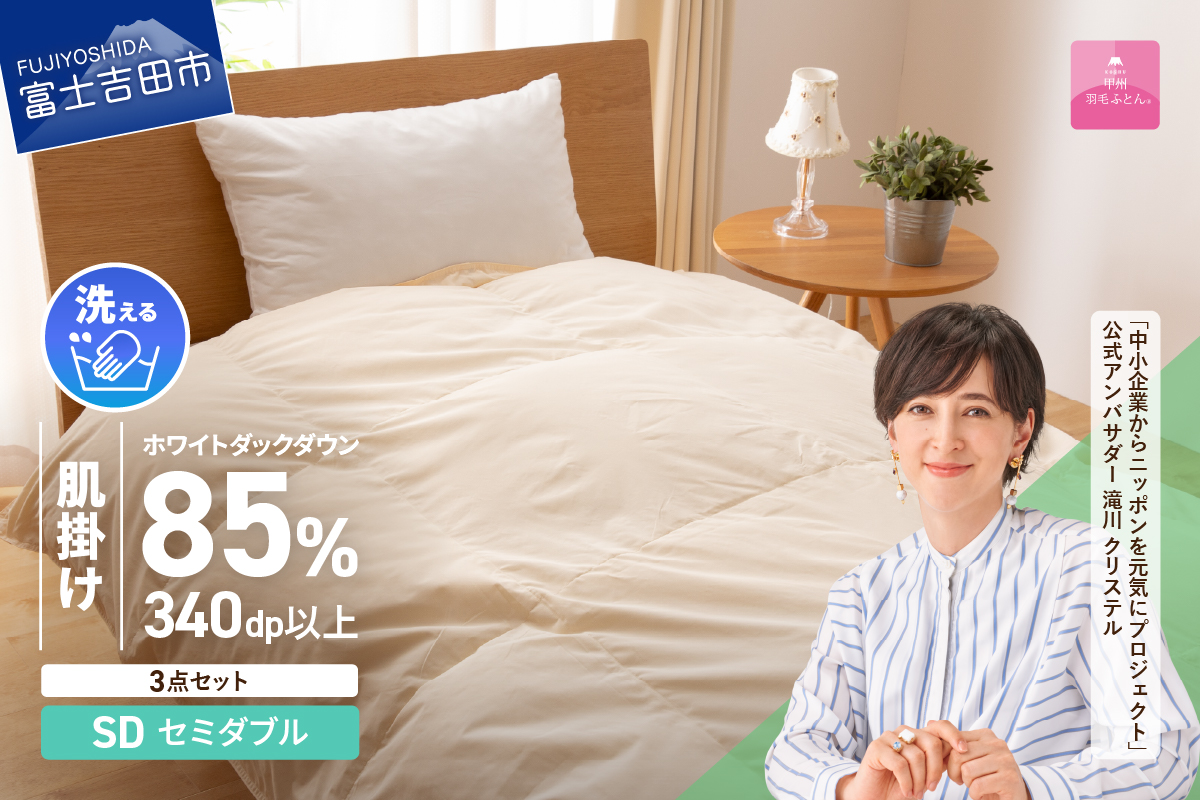 羽毛布団 セット 洗える羽毛肌掛けふとん３点セット（セミダブル）【抗菌・除菌・ウイルス除去カバー付き】 掛け布団