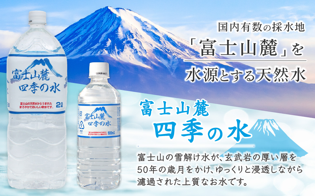 【12ヶ月定期便】富士山麓 四季の水 / 500ml×24本×24箱 計576本　・ミネラルウォーター　ペットボトル 飲料水 長期保存水 備蓄水 防災 防災グッズ 長期保存　水　みず　ミネラル　保存　備蓄　富士山　山梨　山梨県 12か月 500ml×48本