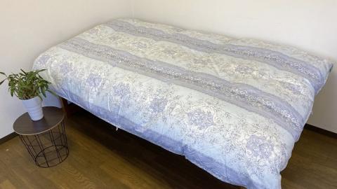 【シングル】都留市の羽毛掛け布団　新2層式キルト　ホワイトダウン93％　ダウンパワー400以上（防ダニ・抗菌・防臭）　アリエス（ブルー系）