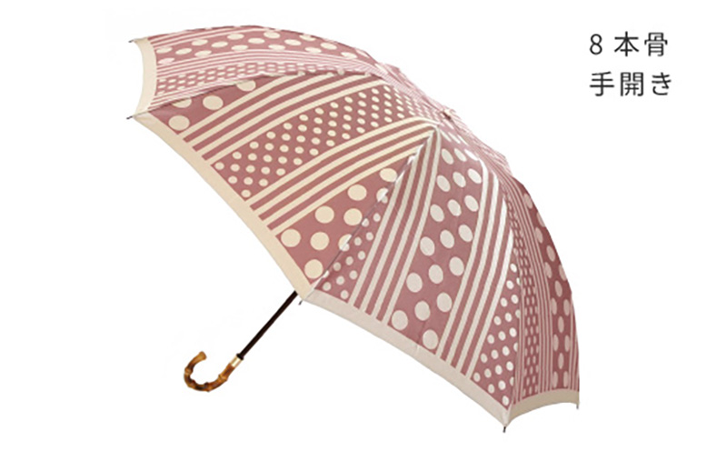 【槙田商店】晴雨兼用折りたたみ傘　kirie　ドットとストライプ　アンティークボルドー