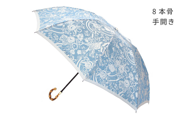 【槙田商店】晴雨兼用折りたたみ傘　kirie　更紗　レイクブルー｜送料無料 槙田商店 傘 雨傘 おしゃれ レディース 贈答 プレゼント ギフト 母の日 誕生日 日本製 女性 長傘 晴雨兼用 ブランド 高品質 婦人用 日傘 UV加工 更紗　レイクブルー