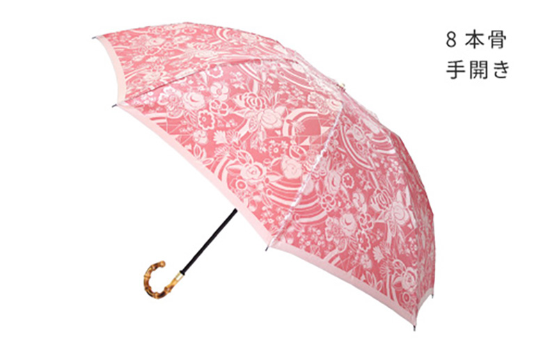 【槙田商店】晴雨兼用折りたたみ傘　kirie　更紗　ルージュ｜送料無料 槙田商店 傘 雨傘 おしゃれ レディース 贈答 プレゼント ギフト 母の日 誕生日 日本製 女性 長傘 晴雨兼用 ブランド 高品質 婦人用 日傘 UV加工 kirie