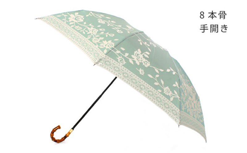 【槙田商店】晴雨兼用折りたたみ傘　kirie　バラ　セイジグリーン｜送料無料 槙田商店 傘 雨傘 おしゃれ レディース 贈答 プレゼント ギフト 母の日 誕生日 日本製 女性 長傘 晴雨兼用 ブランド 高品質 婦人用 日傘 UV加工 バラ　セイジグリーン