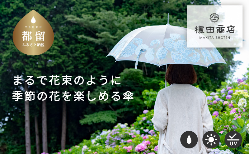 【槙田商店】晴雨兼用長傘　絵おり　紫陽花　ベージュ