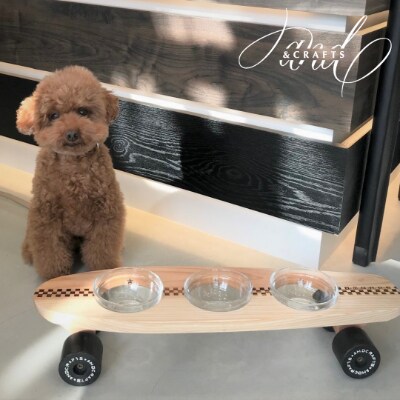 【＆CRAFTS】Pet bowls stand-3BOWLS-(Red)※名入れプレート付き