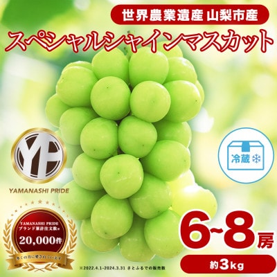 2026年度先行予約 フルーツ王国山梨 シャインマスカット 6～8房(約3kg) 約1.5kg×2箱【配送不可地域：離島】