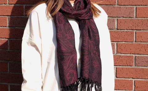 郡内織物　絹紡ストール(シルク100%) ペイズリー赤