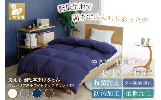 【冬用】洗える 羽毛布団 本掛け シングル ホワイトダックダウン93％ ネイビー 無地 1.3kg ブルガリア産 [川村羽毛 山梨県 韮崎市 20742895] 羽毛 布団 羽毛ふとん 本掛け布団 ロイヤルゴールドラベル コインランドリー 増量