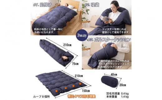 【寝袋 にもなる 3way!】 洗える 羽毛布団 掛け布団 シングル アウトドア ダック93％ ネイビー 寝袋 羽毛 布団 ふとん 車中泊 キャンプ 防災 ダウンシュラフ ボルスタークッション 肌掛け 抗菌 防臭 防汚 [川村羽毛 山梨県 韮崎市 20743476]