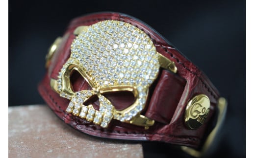 ブレスレット Go-Guts スカルモチーフ K18YG ダイヤ 約6.45ct 【gg001-k18yg】 [オーダーメイドジュエリーメイ 山梨県 韮崎市 20743569] アクセ 腕輪 レザー 革