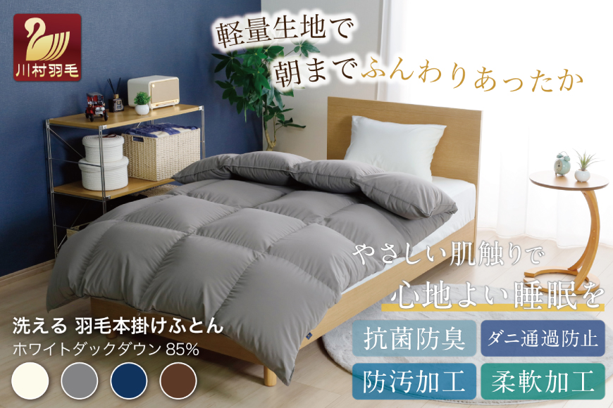 洗える羽毛布団 ダブル ホワイトダックダウン85％ グレー 無地 本掛け 冬用 1.6kg 羽毛 布団 羽毛ふとん 本掛け布団 コインランドリー 抗菌防臭 [川村羽毛 山梨県 韮崎市 20745104]