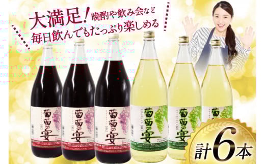 ワイン セット 赤ワイン 白ワイン 赤 白 葡萄の宴 山梨県 名物 一升瓶ワイン 1,800ml 6本 飲み比べ 軽口 甘口 やや辛口 飲み比べ 一升瓶 1.8L 6本 山梨 晩酌 葡萄酒 5L以上 [サン.フーズ 山梨県 韮崎市 20743107]