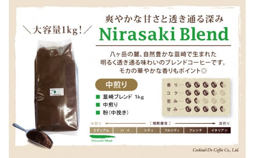コーヒー 粉 【1949年創業ロースター】 韮崎ブレンド 1kg [コクテール堂 山梨県 韮崎市 20743527] 珈琲 コーヒー粉 珈琲粉 自家焙煎 ブレンド ブレンドコーヒー ドリンク 飲み物 飲料