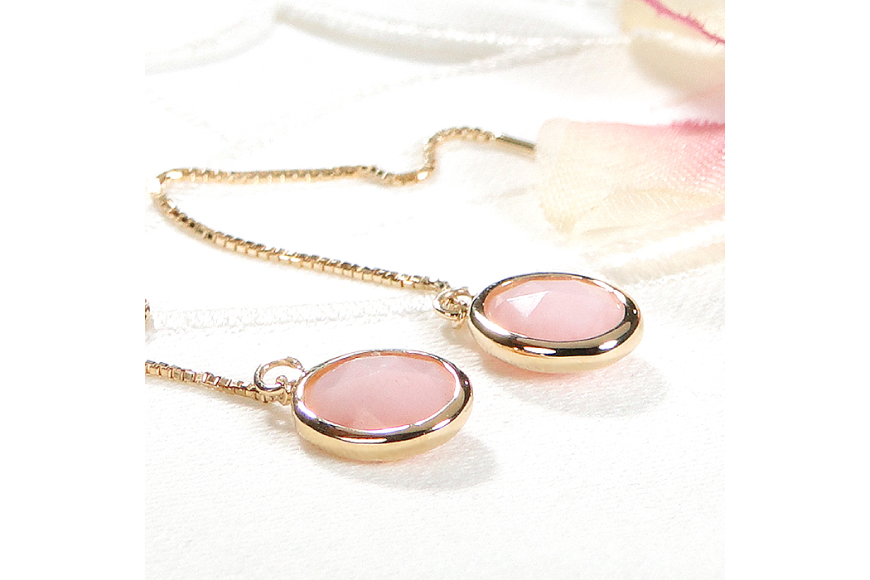 ピアス チェーンピアス K18YG イエローゴールド ピンクオパール ローズカット オーバル レディース ベネチアンチェーン 揺れるピアス 楕円 アクセサリー アクセ ジュエリー [オーダーメイドジュエリーメイ 山梨県 韮崎市 20745214]