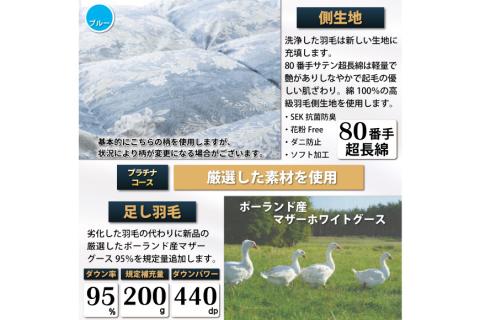 プラチナ 羽毛布団リフォーム シングル 【ポーランド産 マザーグース95％】 仕立て直し 80超長綿 【青 柄おまかせ】 / 川村羽毛 / 山梨県 韮崎市 [20741391]