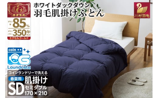 【春夏用】洗える 羽毛 肌掛け布団 セミダブル ホワイトダックダウン 85% 0.5kg (無地 ネイビー) [川村羽毛 山梨県 韮崎市 20743634] 掛け布団 布団 羽毛布団 ダウンケット ふとん 肌掛け ダウンケット 寝具