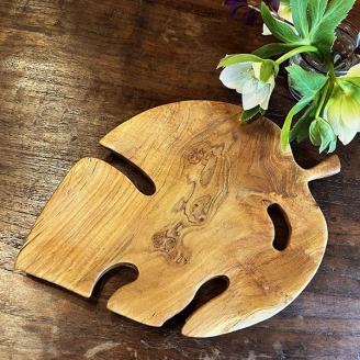 無垢　チーク材　モンステラ皿28cm