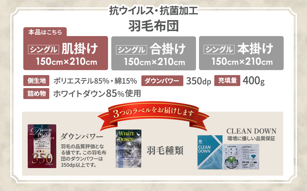 【肌掛け布団】羽毛肌掛けふとん(抗ウイルス・抗菌加工)(シングル：150㎝×210㎝)　ホワイトダウン85%