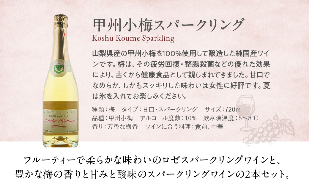 ロゼ 梅スパークリング 720ml × 2本 ワイン わいん ロゼワイン スパークリングワイン 辛口 山梨 甲州 甘口 日本ワイン 国産ワイン ワインセット 飲み比べ 甲斐市 F-31